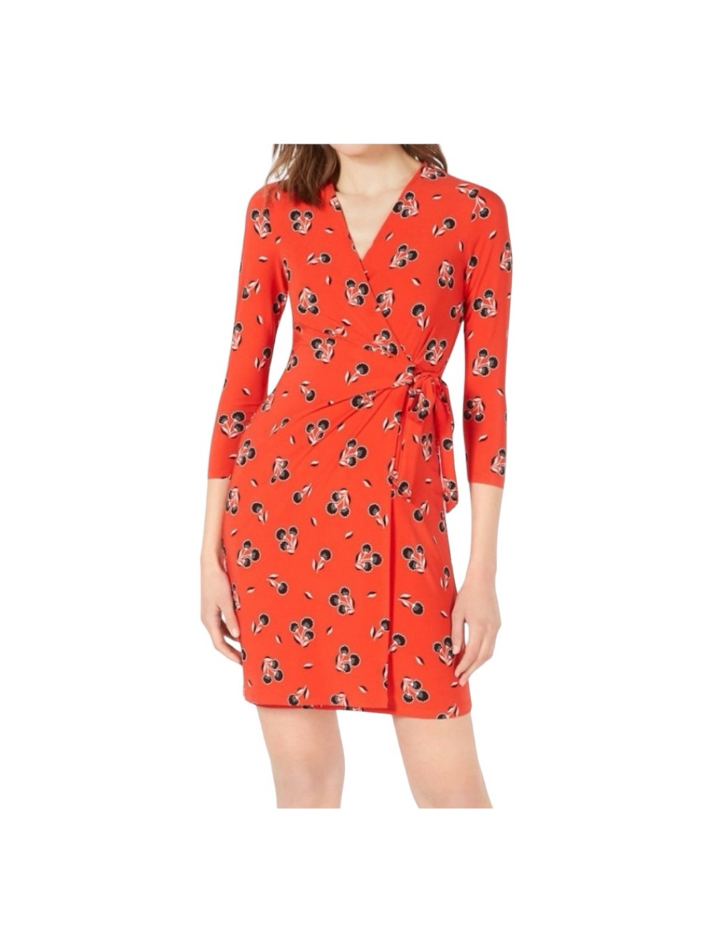 Ann Klein.  Vibrant Red Self-Tie Quartet Sleeves V-Neck Midi Dress Medium